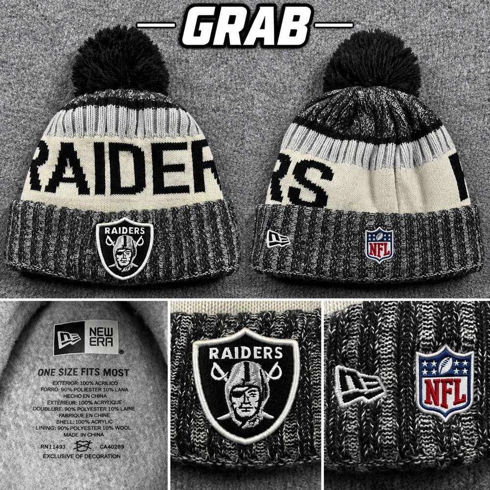 New Era Las Vegas Raiders NFL Knit Pom Cuffed Beanie Hat Gray Black One Size